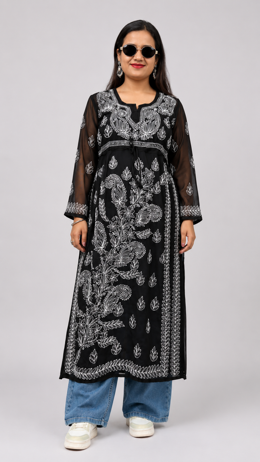 THK Women Georgette Chikankari Kurta with Side Knots