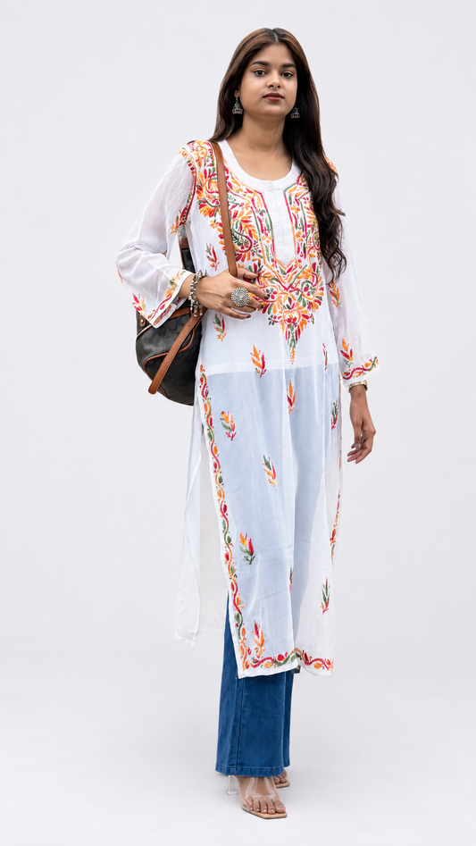 THK Women White & Black Georgette Chikankari Kurta with Multi Colour Thread Embroidery