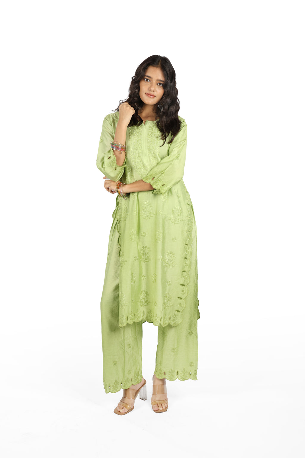 Chaand Light Green Chanderi Cutwork Set