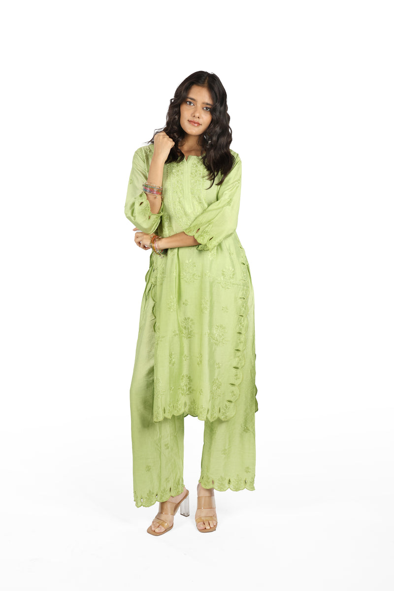 Chaand Light Green Chanderi Cutwork Set
