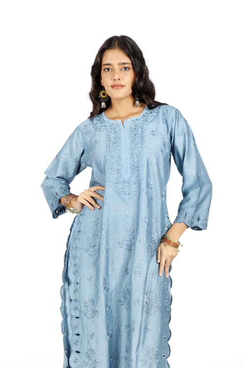Chaand Grey Chanderi Cutwork Set