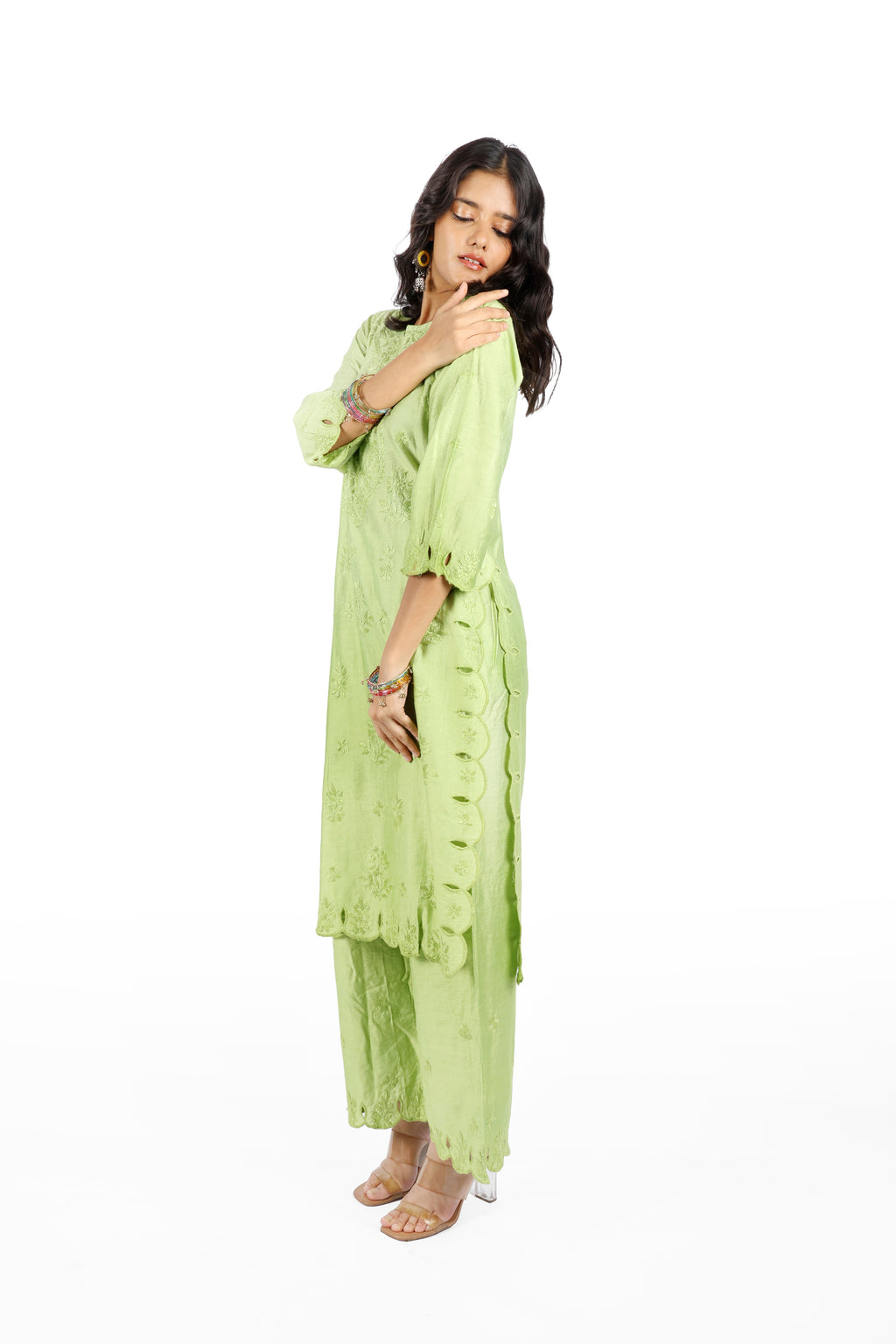 Chaand Light Green Chanderi Cutwork Set
