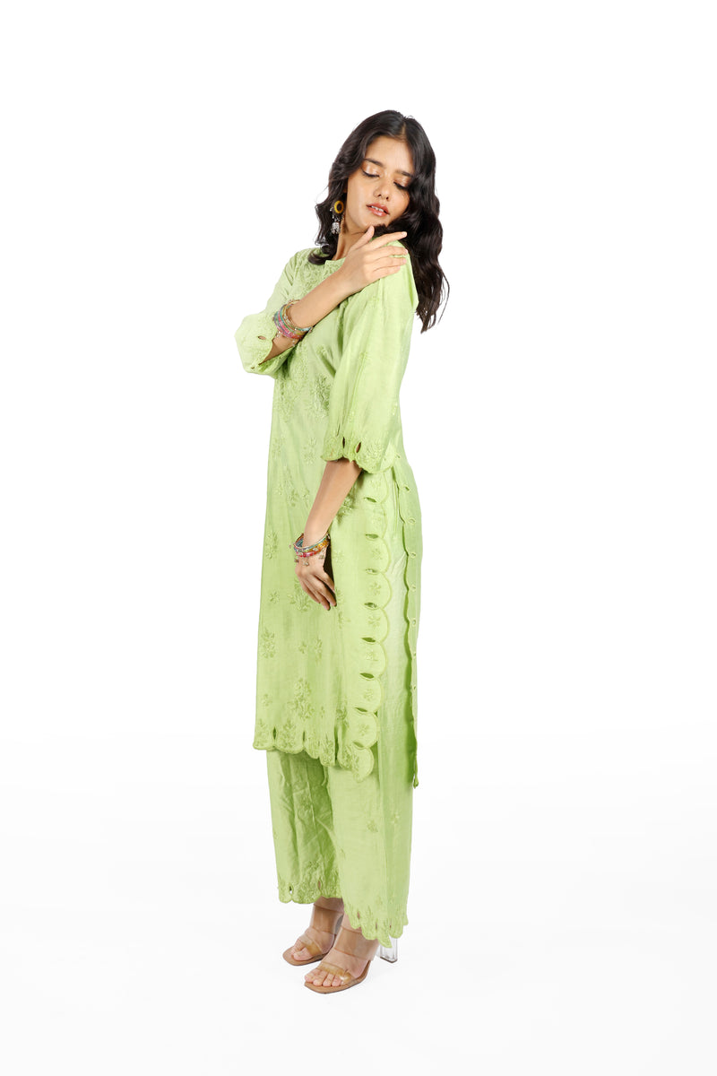 Chaand Light Green Chanderi Cutwork Set