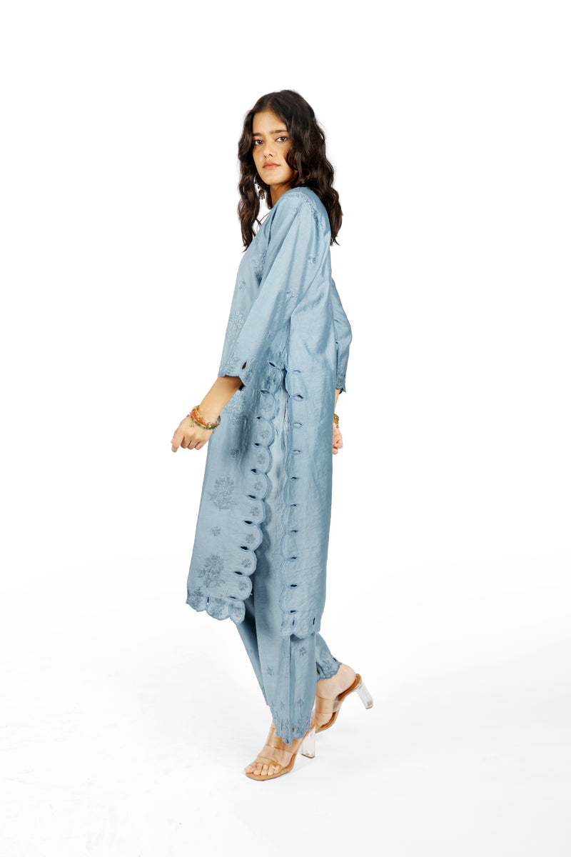 Chaand Grey Chanderi Cutwork Set