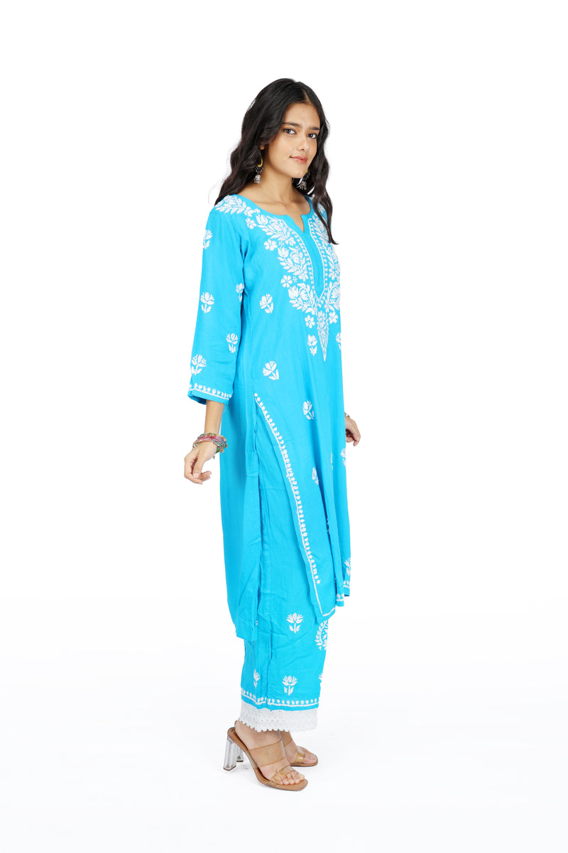 Khwab Chikankari Blue Rayon Kurta set