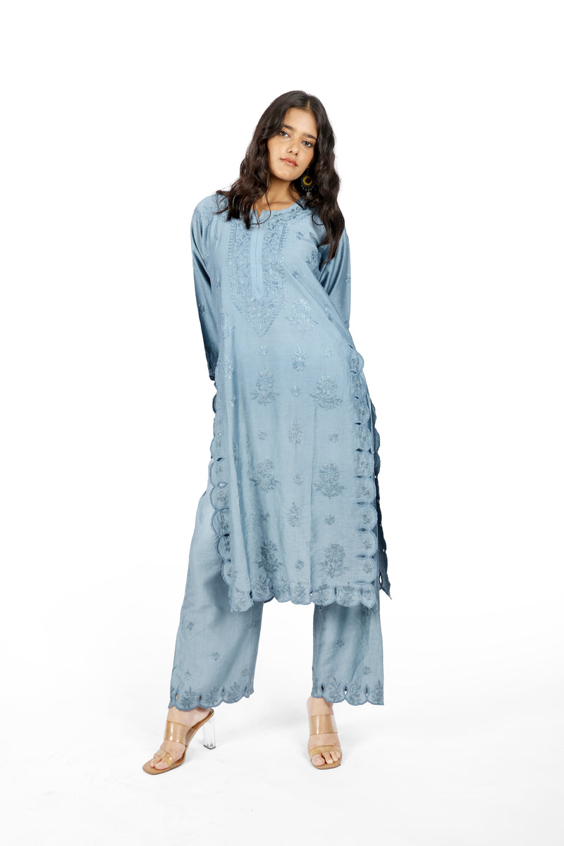 Chaand Grey Chanderi Cutwork Set
