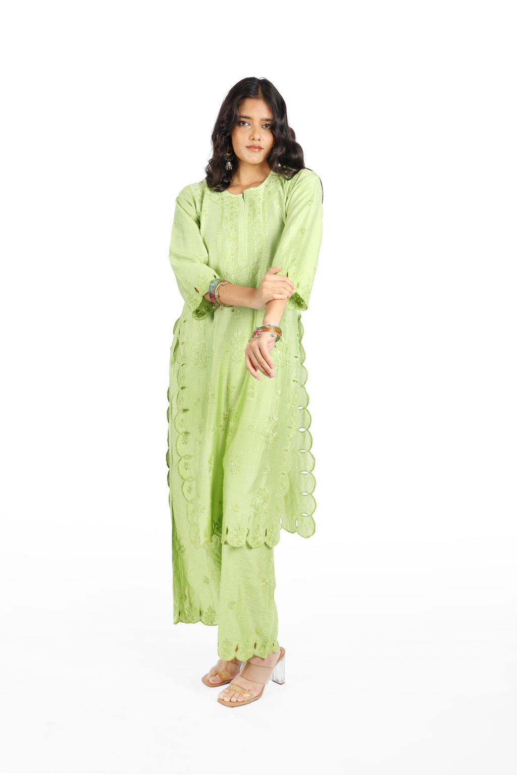 Chaand Light Green Chanderi Cutwork Set