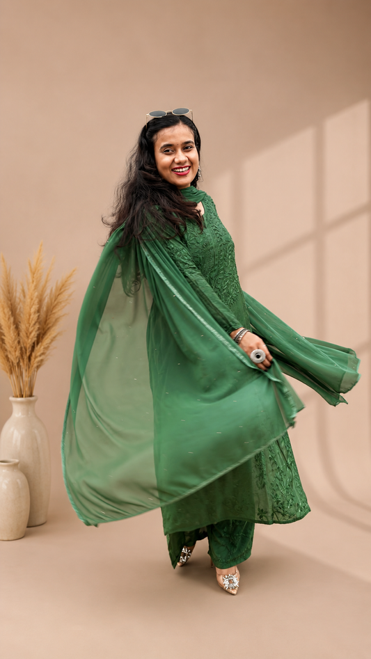 THK Mul Chanderi Chikankari Solid Women's 2 PC A-line Kurta Set - Olive Green