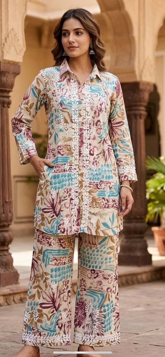 THK Printed Rayon Hand Embroidered Chikankari Coord Set