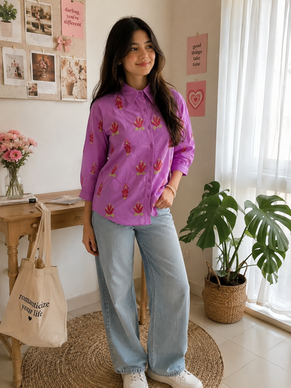 THK Cotton Chikankari Women's Shirt - Sustainable Overdyed & Hand Embroidered