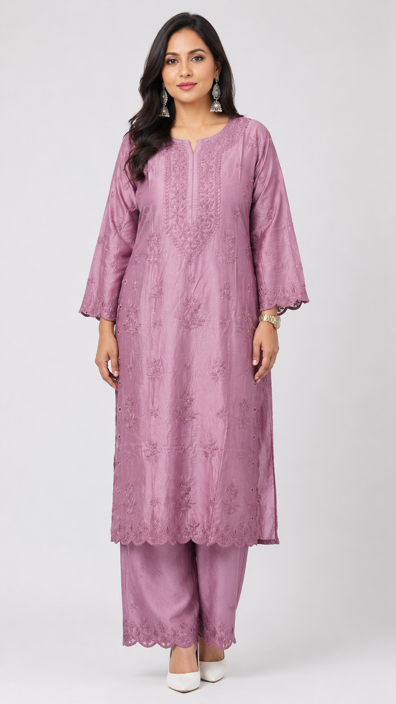 Chaand Rose Brown Chanderi Cutwork Set