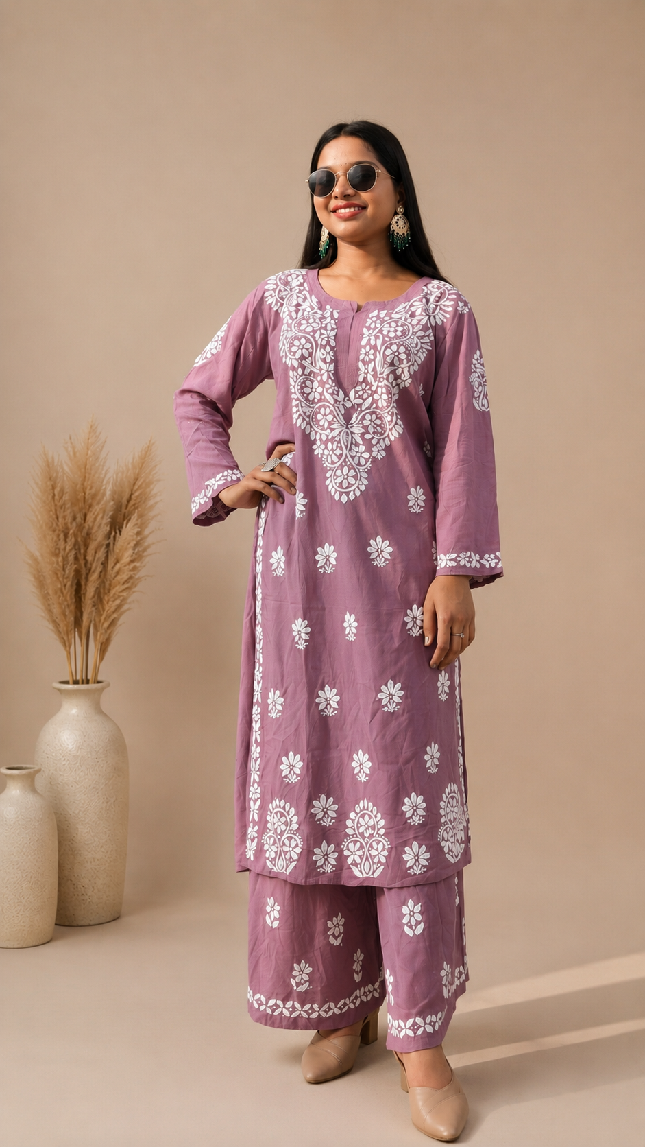 THK Rayon Chikankari Solid Women's 2 PC Long Kurta Set-Lavender