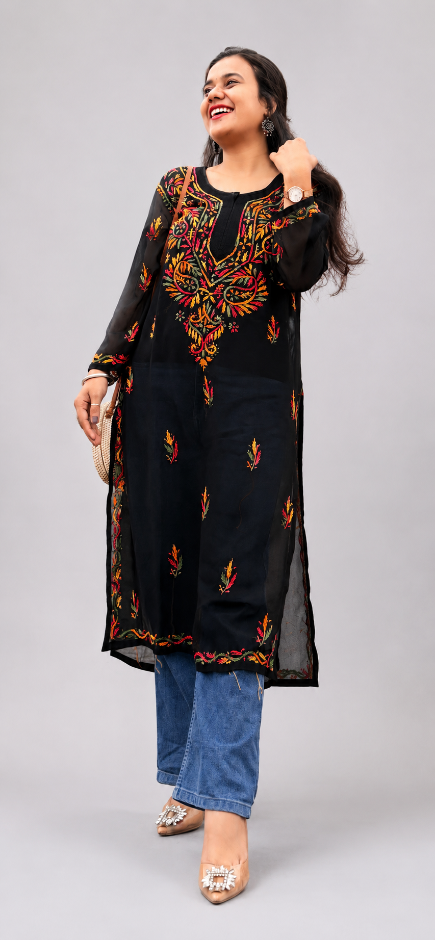 THK Women White & Black Georgette Chikankari Kurta with Multi Colour Thread Embroidery