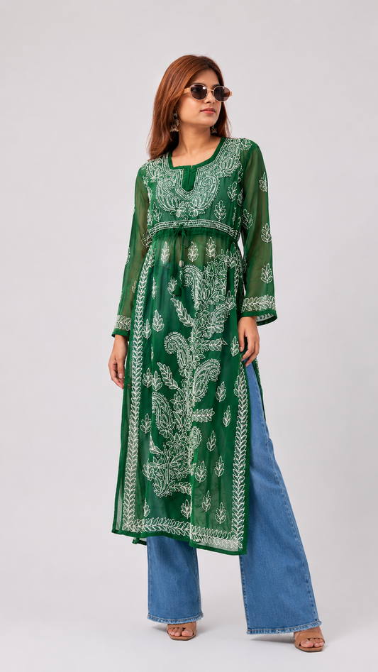 THK Women Georgette Chikankari Kurta with Side Knots