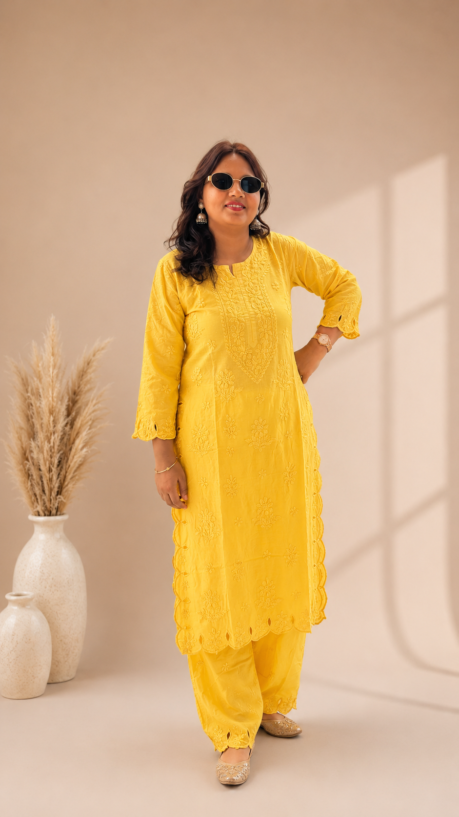 Chaand Yellow Chanderi Cutwork Set