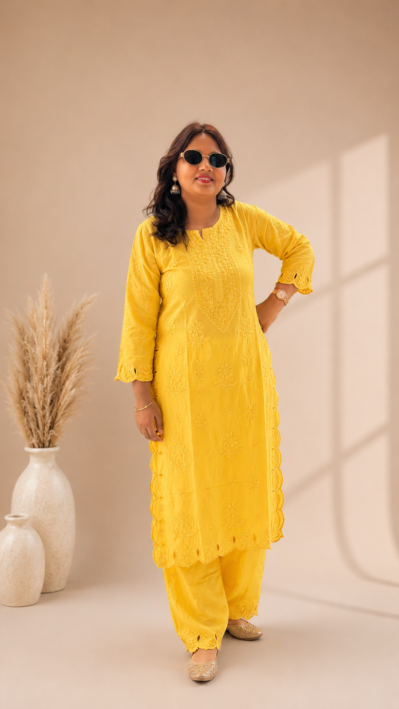 Chaand Yellow Chanderi Cutwork Set