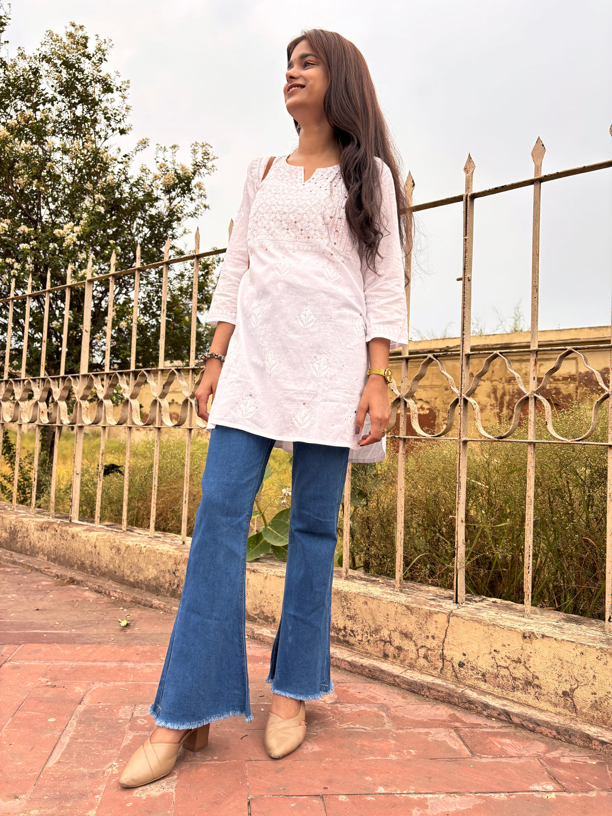 Rumi White Mukesh Top