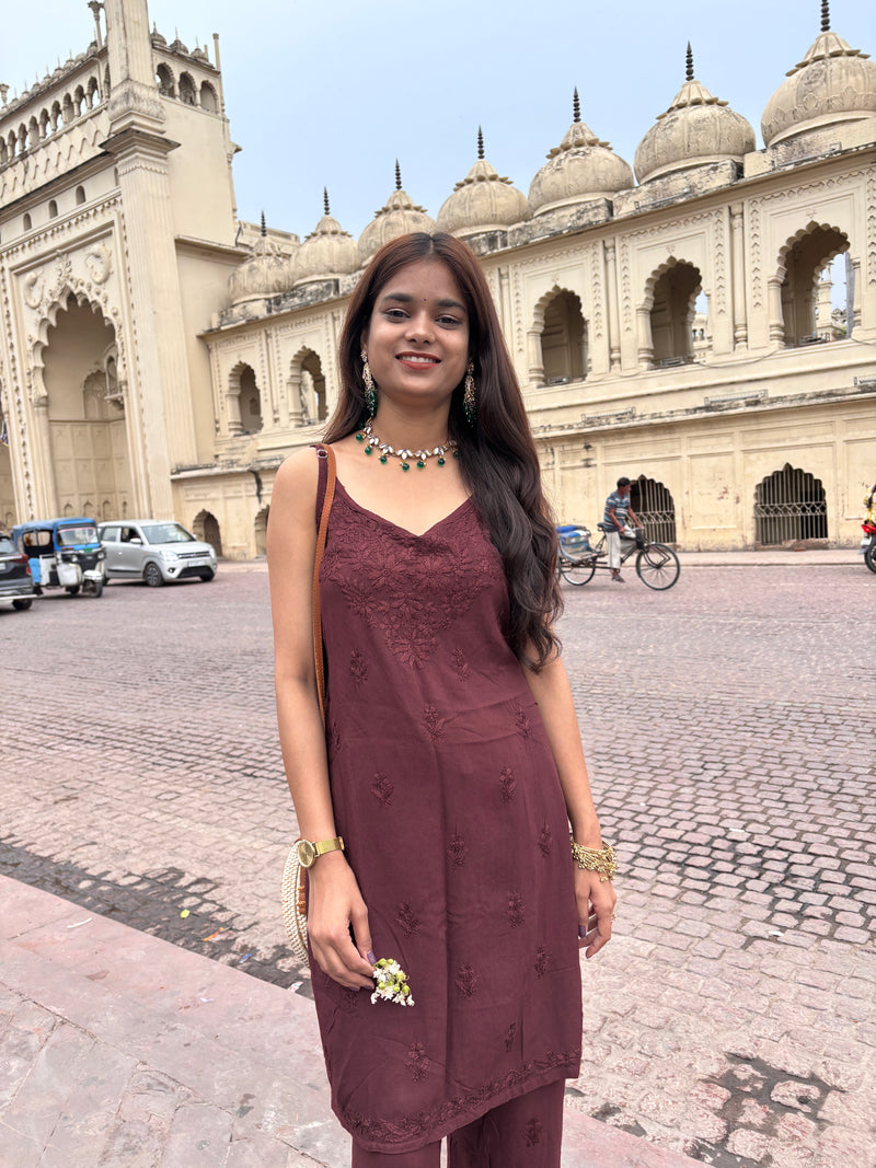 Shubh Coffee Brown Strappy Rayon Kurta Set