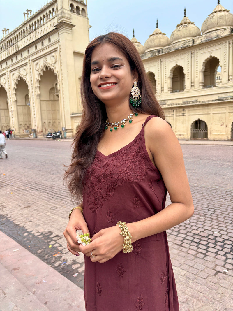 Shubh Coffee Brown Strappy Rayon Kurta Set