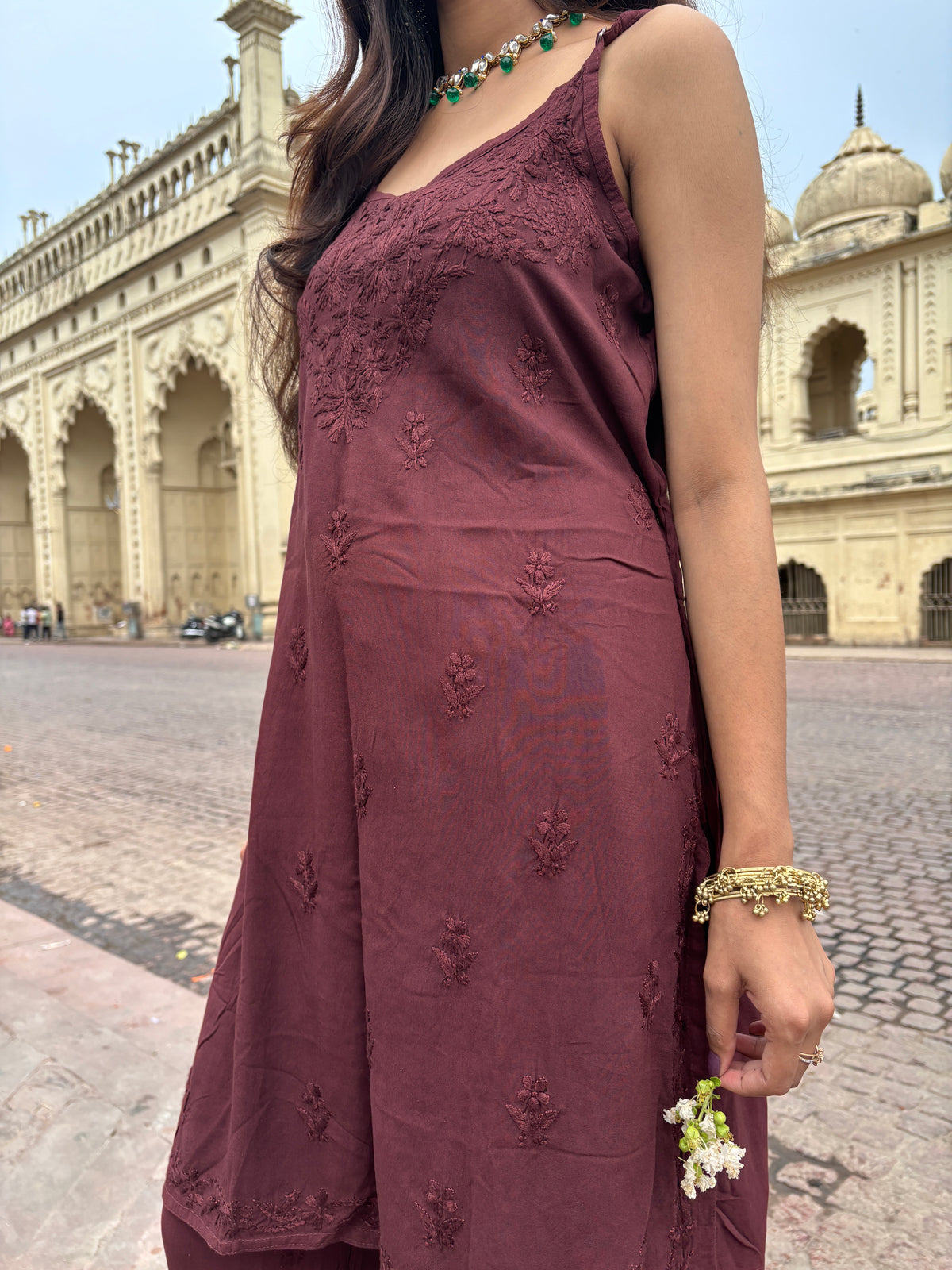 Shubh Coffee Brown Strappy Rayon Kurta Set