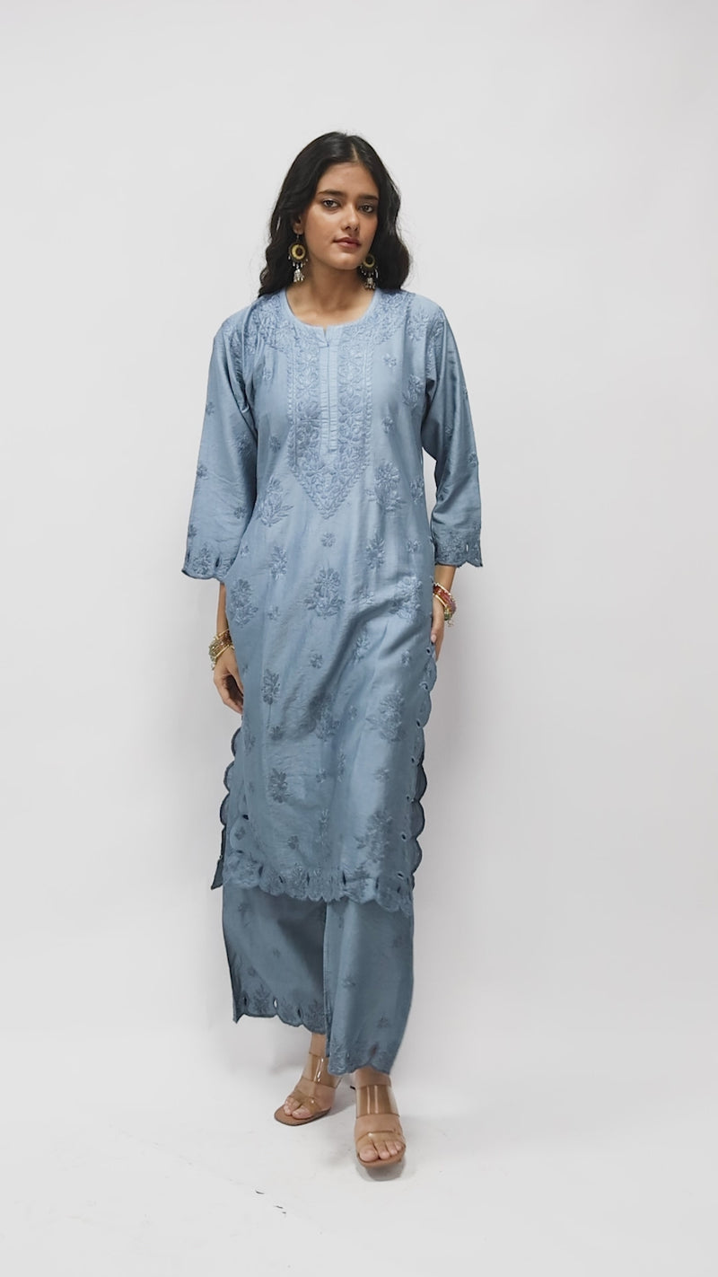 Chaand Grey Chanderi Cutwork Set